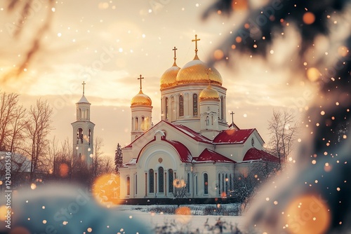 A beautiful Greek Orthodox church in the center of the frame, with golden domes and a red roof. The scene is set in winter, with snow falling during the golden hour.