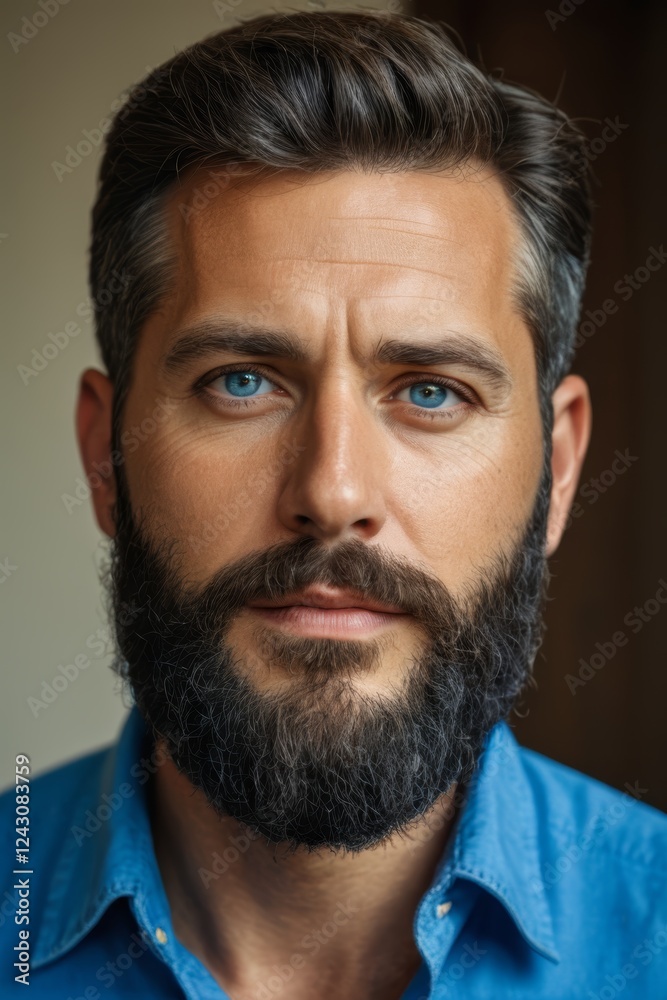 arafed man with a beard and blue shirt looking at the camera arafed man with a beard and blue shirt looking at the camera