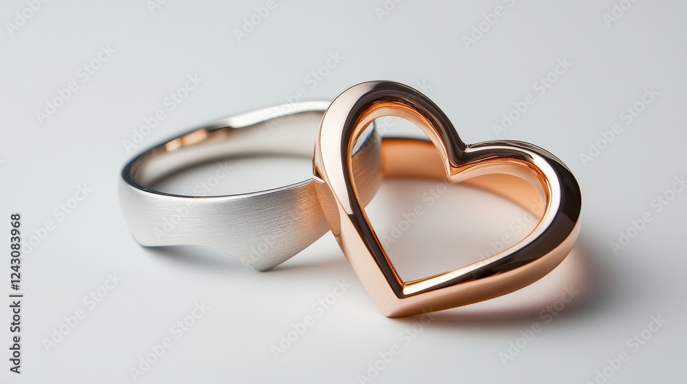 Modern Valentines rings with sleek geometric heart designs, metallic finish in rose gold and platinum, minimalist aesthetic, isolated on white Modern Valentines rings with sleek geometric heart designs, metallic finish in rose gold and platinum, minimalist aesthetic, isolated on white