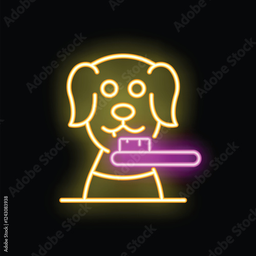 Neon glowing sign of a dog brushing its teeth with toothpaste and a toothbrush on a black background