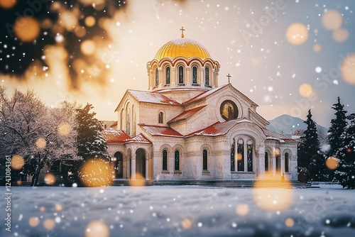 A beautiful Greek Orthodox church in the center of the frame, with golden domes and a red roof. The scene is set in winter, with snow falling during the golden hour.