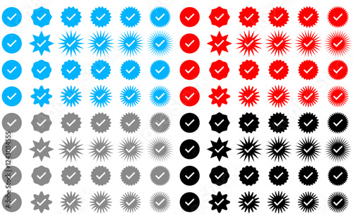 Collection of verified checkmark icons in various styles and colors, certified Badges, and checkmark icon sets for digital design and branding.