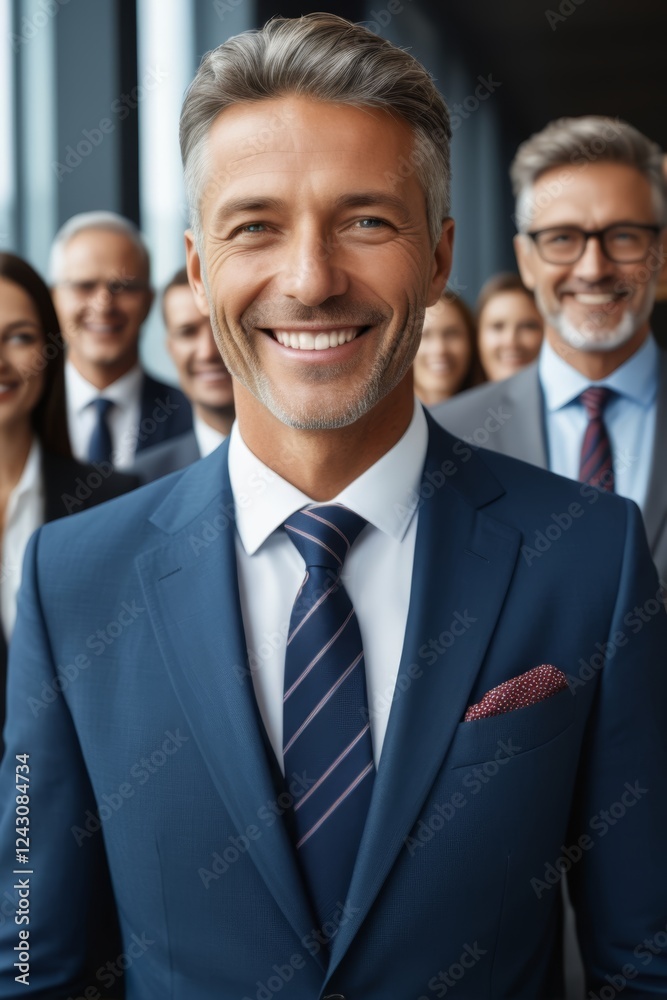 smiling man in suit and tie standing in front of a group of business people smiling man in suit and tie standing in front of a group of business people