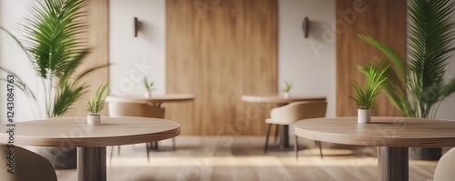 A modern virtual background of a meeting area with round tables comfortable chairs and natural wood accents