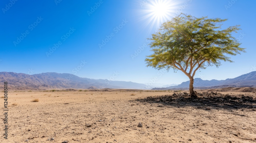 Lone desert tree, bright sun, arid mountainscape background, nature photography for travel brochures Lone desert tree, bright sun, arid mountainscape background, nature photography for travel brochures