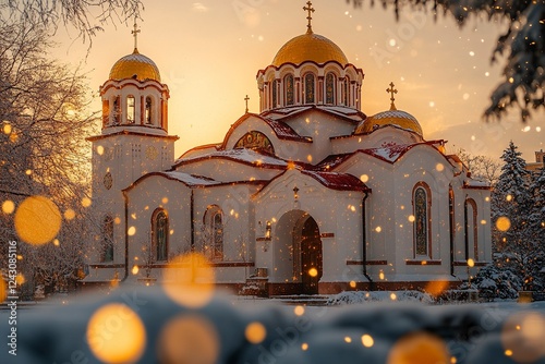 A beautiful Greek Orthodox church in the center of the frame, with golden domes and a red roof. The scene is set in winter, with snow falling during the golden hour.