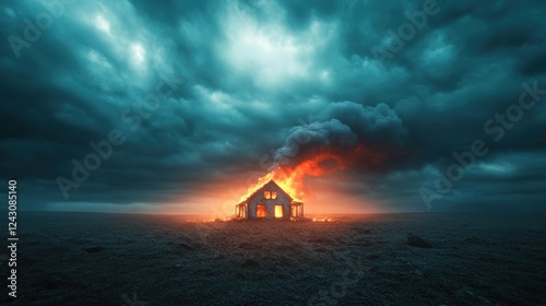 Destructive fire engulfs isolated house amidst ominous stormy skies dramatic scene nighttime surreal mood