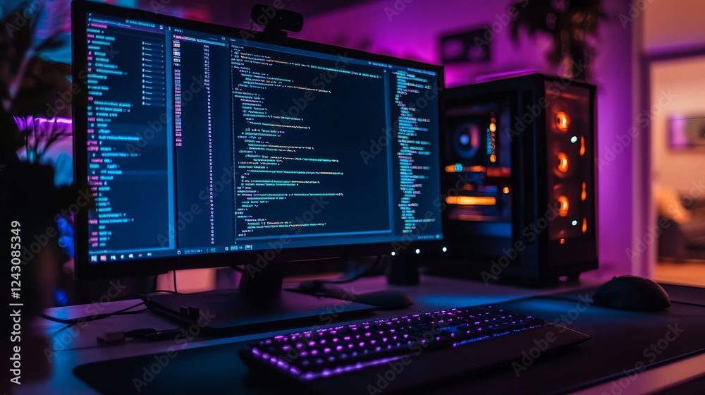 Neon lights illuminate the concepts of web development and design Neon lights illuminate the concepts of web development and design