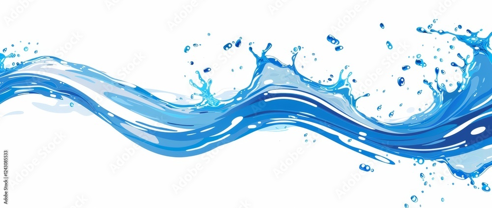 Waves of flowing water, isolated on white background, water waves, blue color. Fresh natural banner, health cosmetic website Waves of flowing water, isolated on white background, water waves, blue color. Fresh natural banner, health cosmetic website