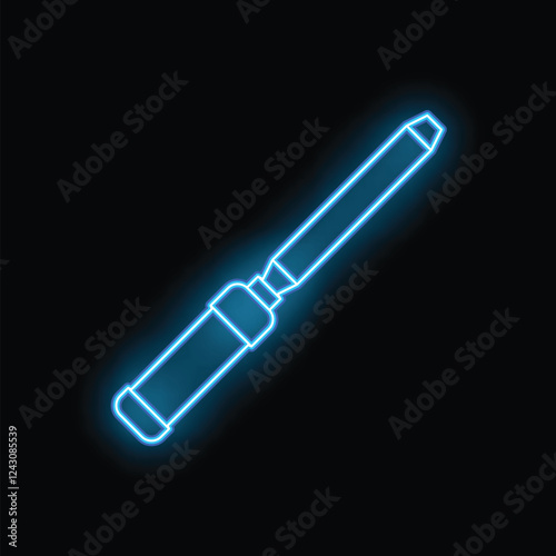 Blue neon soldering iron glowing on a black background
