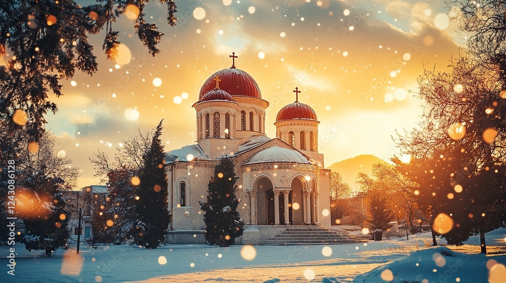 Fototapeta premium A beautiful Greek Orthodox church with two domes and a red roof stands against the background of a winter snowfall, the warm glow of a sunset, blurred trees in the foreground, a bokeh effect,