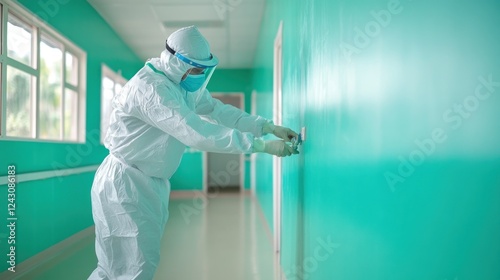Healthcare worker in protective gear disinfecting hospital walls medical facility action shot clean environment close-up safety protocols