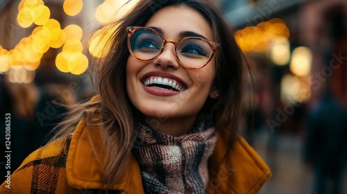 Woman with glasses smiling in urban evening setting. Ideal for eyewear marketing, city lifestyle, and young professional success stories.