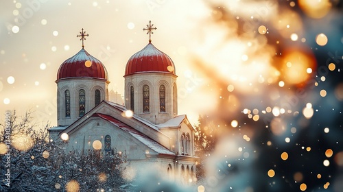 A beautiful Orthodox church with two domes and one red roof, snowflakes falling in the background, golden hour lighting, a Christmas tree visible on the right side of the frame,