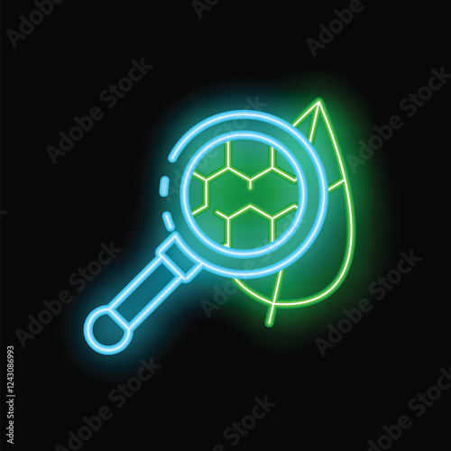 Neon icon of a magnifying glass examining the cellular structure of a green leaf, representing scientific research and analysis