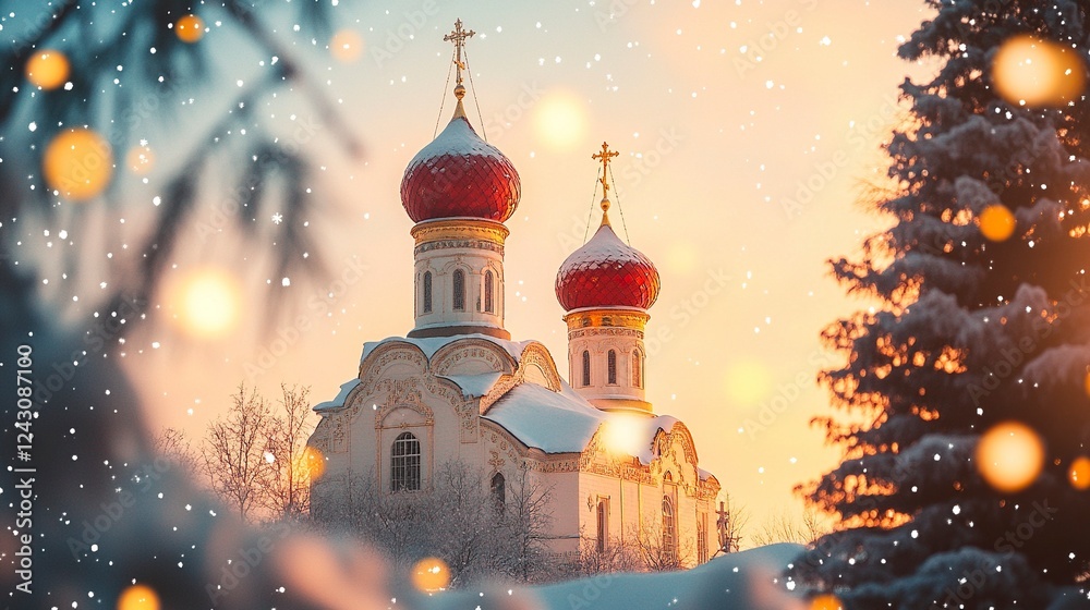 Obraz premium A beautiful Orthodox church with two domes and one red roof, snowflakes falling in the background, golden hour lighting, a Christmas tree visible on the right side of the frame,