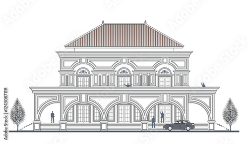 Facade of 2 storey symmetrical colonial style shophouse with 6 doors, 16 columns, trapezoidal roof, frames, stairs, canopy  and its elements design.