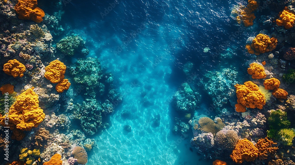 Fototapeta premium A breathtaking aerial view of a coral reef teeming with life, with crystal-clear turquoise water and lush green vegetation along the shoreline.