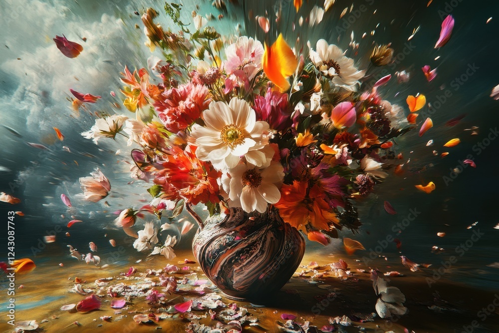Naklejka premium A vase of flowers is shown in a painting with a lot of color and movement