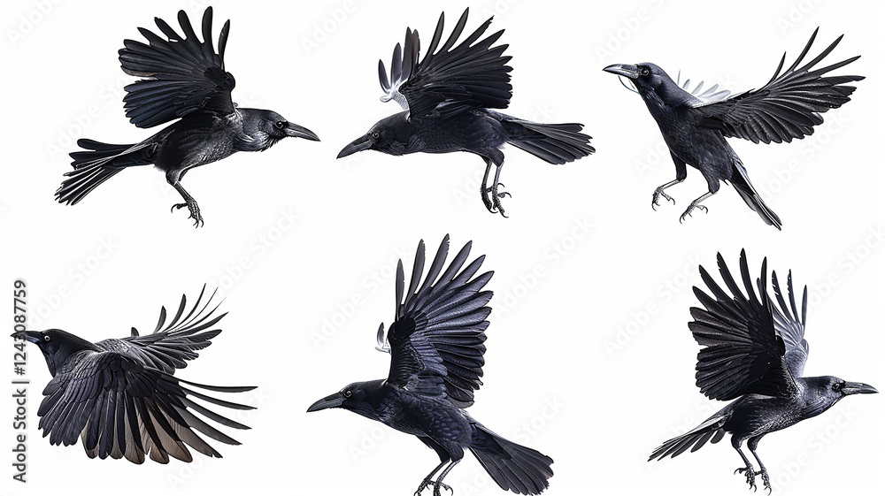 Obraz premium a set of flying birds, a black raven in flight isolated on a white background, a group of bird crows