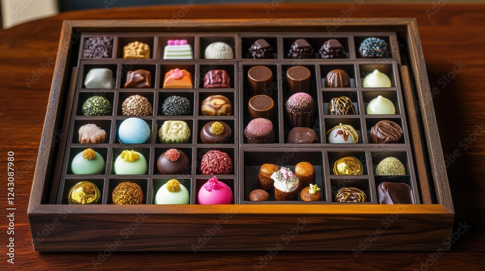 A small, elegant wooden box packed with wrapped gifts, chocolates, and delicate trinkets. A small, elegant wooden box packed with wrapped gifts, chocolates, and delicate trinkets.