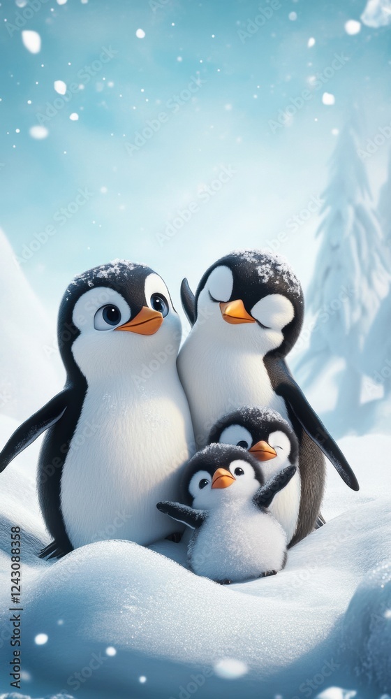 Fototapeta premium Family of penguins are huddled together in the snow. Vertical
