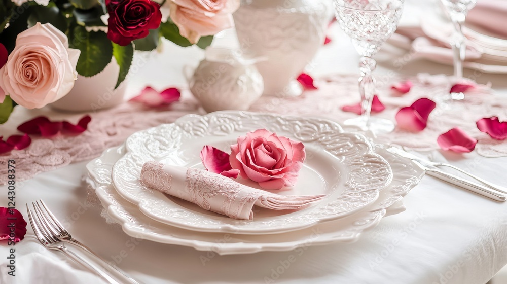 Set the mood for a romantic Valentine's Day dinner with an elegant table setting adorned with roses. Begin by laying a crisp white tablecloth, creating a blank canvas for your enchanting display Set the mood for a romantic Valentine's Day dinner with an elegant table setting adorned with roses. Begin by laying a crisp white tablecloth, creating a blank canvas for your enchanting display