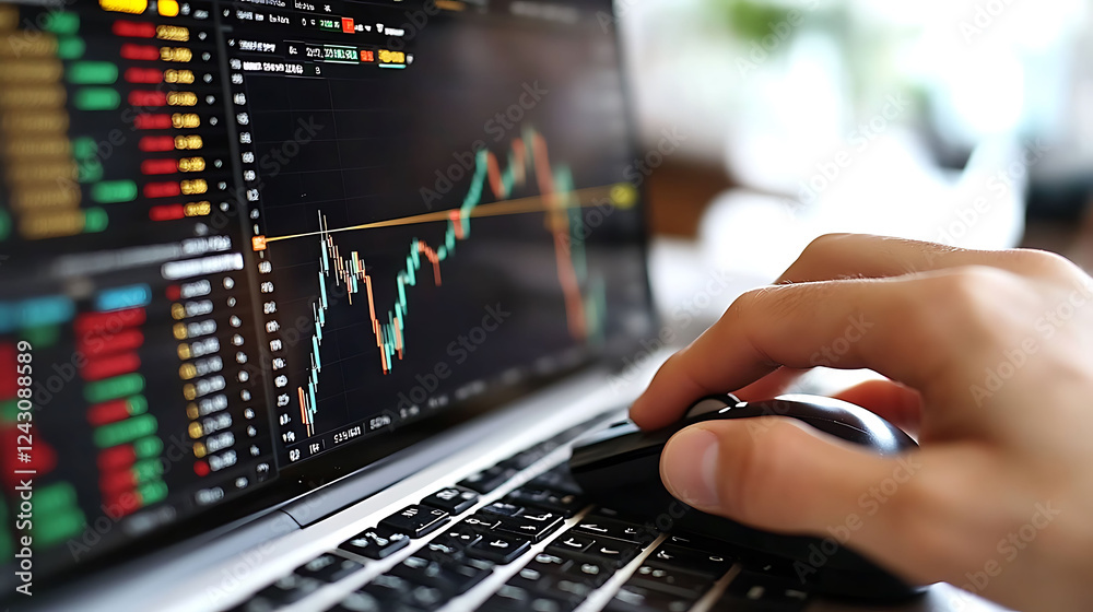 Closeup of a hand using a computer mouse to navigate stock market data displayed on a laptop screen. Closeup of a hand using a computer mouse to navigate stock market data displayed on a laptop screen.