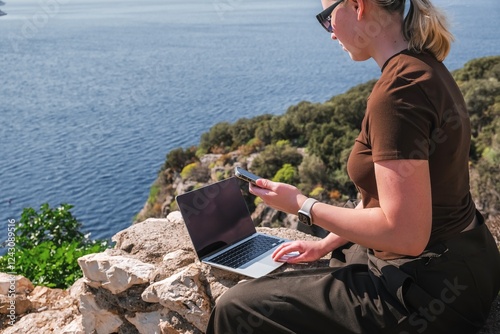 Work,Remotely work.freelancer works remotely home.cozy workation, remote work,leisure, work life balance,digital nomad, workation,work travel,remotely work.Travelling.Work vacation remotely