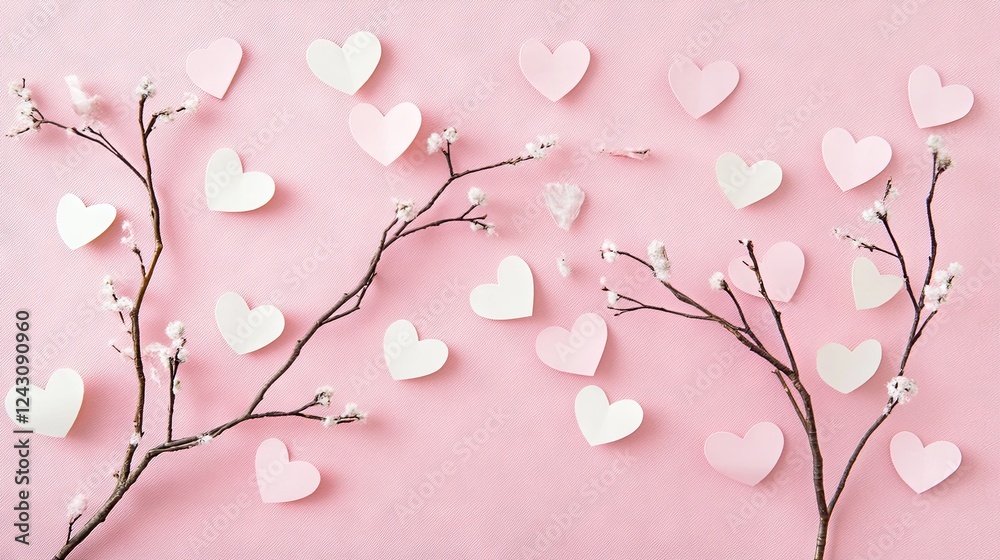 Fototapeta premium Soft pink textures with scattered paper hearts and decorative twigs.