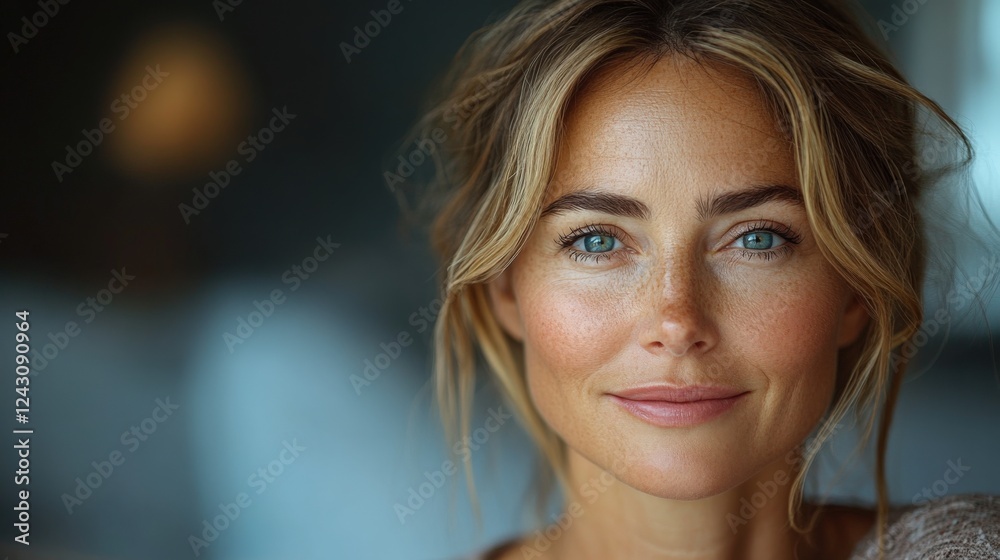 Woman With Captivating Blue Eyes Smiles Warmly Indoors. Generative AI Woman With Captivating Blue Eyes Smiles Warmly Indoors. Generative AI
