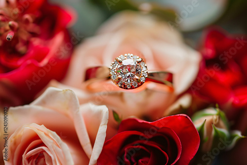 Beautiful gold and diamond engagement ring is nestled in a bouquet of red and peach roses photo