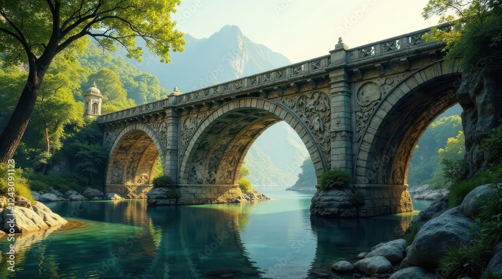 Fototapeta premium Ancient stone arch bridge spanning serene river, nestled within lush green valley, bathed in soft sunlight