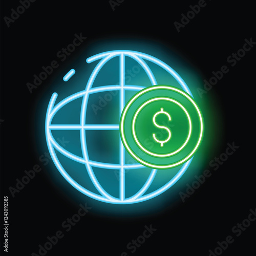 Neon glowing icon of a dollar coin partially overlaying a globe, representing global finance and international business