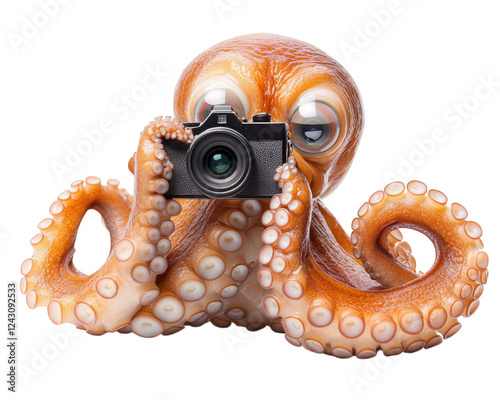 octopus holding camera, playfully taking selfies with goofy expression. This whimsical scene captures fun and creativity of underwater life