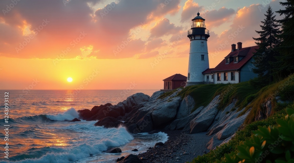 Fototapeta premium Serene coastal sunset illuminates a majestic lighthouse standing tall on a rocky shore, waves gently crashing against the pebbled beach, a tranquil scene of natural beauty