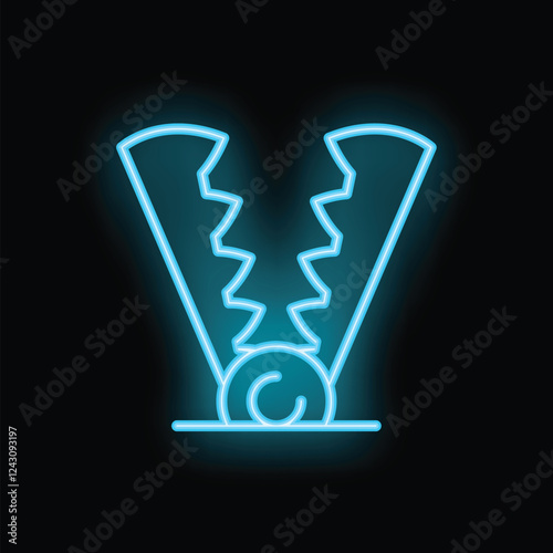 Glowing neon blue bear trap icon on a dark background, representing danger and caution