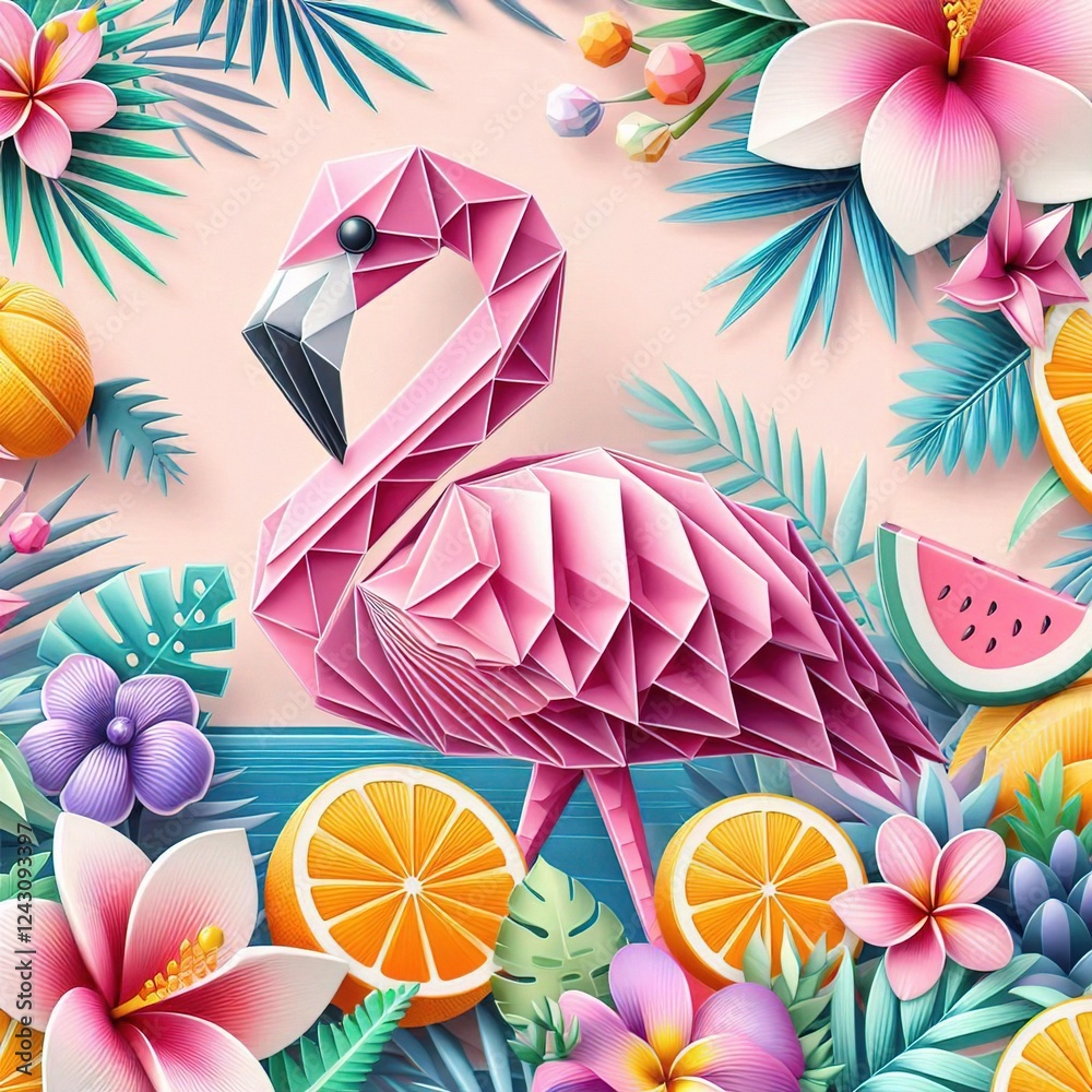 Naklejka premium origami flamingo in the garden flower