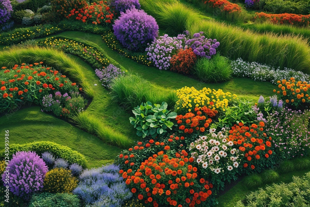 Fototapeta premium Vibrant Horticulture Aerial View of Colorful Grassland and Flower Patterns
