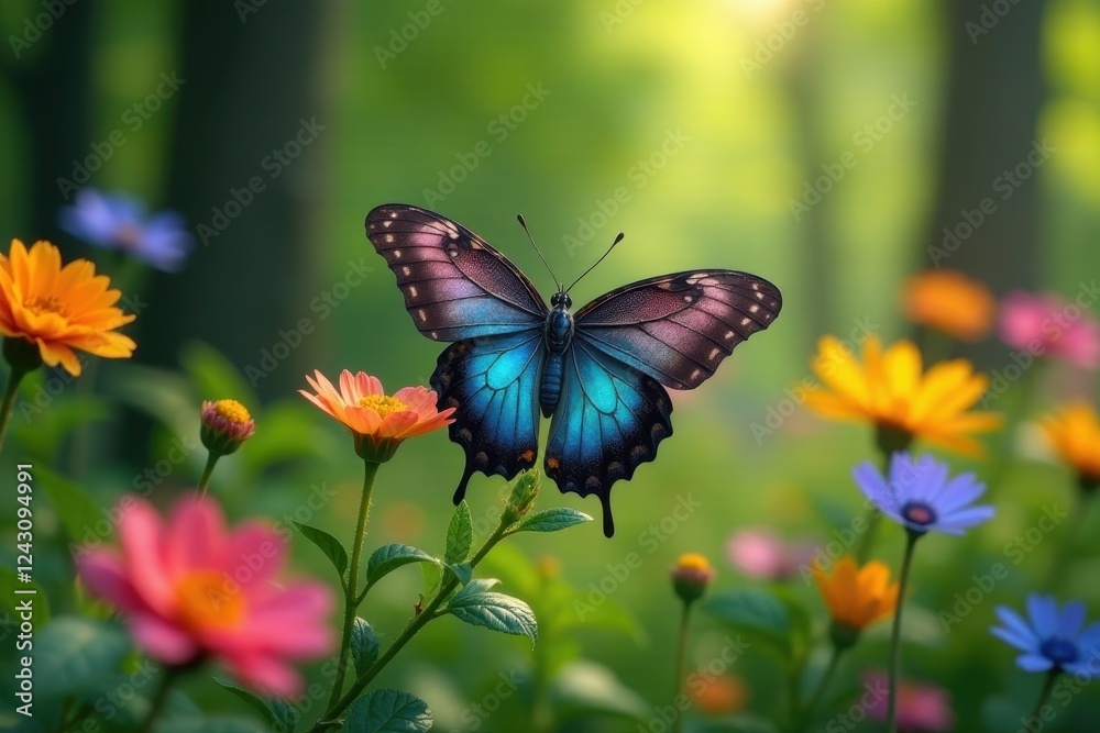 A Vibrant Blue Butterfly with Dark Wings Resting on a Delicate Orange Flower in a Lush Spring Meadow A Vibrant Blue Butterfly with Dark Wings Resting on a Delicate Orange Flower in a Lush Spring Meadow