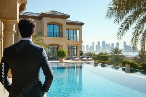 A real estate agent presenting a luxury estate to international investors, discussing market trends and exclusive high-value properties