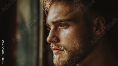 Dramatic profile of bearded man in low light. Ideal for men's grooming, artistic portraiture, and modern masculinity content.