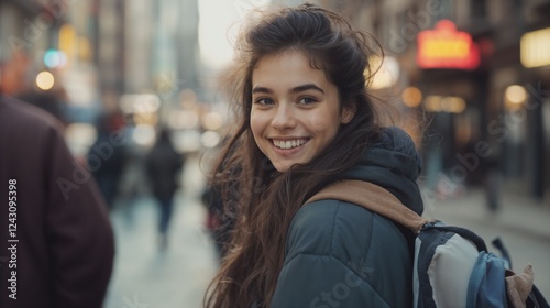 Young woman with backpack smiling in urban setting. Perfect for student life, city exploration, and youth adventure content.