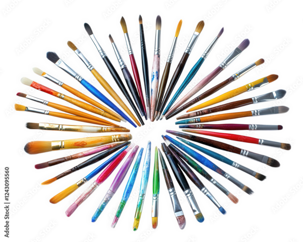 vibrant collection of paintbrushes arranged in circular pattern, showcasing various colors and sizes, perfect for artists and creative projects vibrant collection of paintbrushes arranged in circular pattern, showcasing various colors and sizes, perfect for artists and creative projects