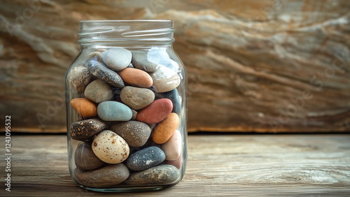 Pebble rocks collected in a glass jar, each varying in size, shape, and colour, placed on a wooden table
