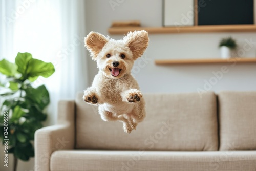 Happy small dog jumping joyfully in a bright living room with a cozy sofa and greenery Perfect for pet lovers and joyful home life themes photo