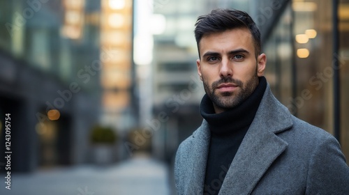 Mediterranean man in winter coat against urban backdrop. Perfect for modern menswear, urban professional, and city lifestyle content.