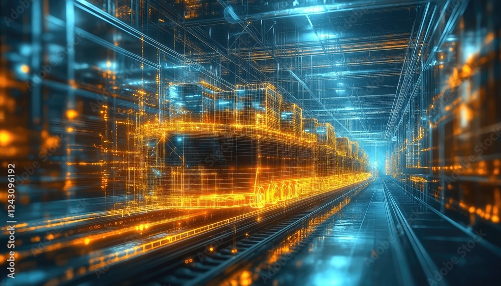 Futuristic Digital Train Network in Glowing Wireframe Tunnel Futuristic Digital Train Network in Glowing Wireframe Tunnel