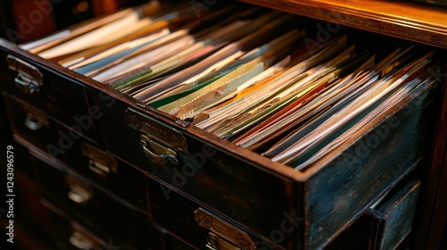 Tableau sur toile A vintage wooden drawer overflowing with documents showcasing archival and record-keeping aspects