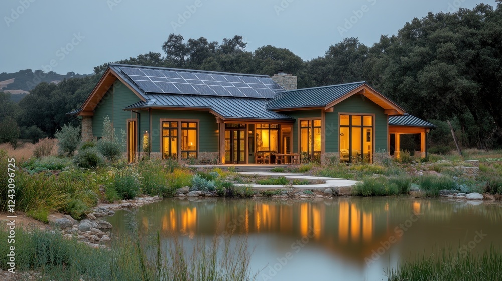 Modern green house with solar panels reflecting in a pond at dusk. Modern green house with solar panels reflecting in a pond at dusk.